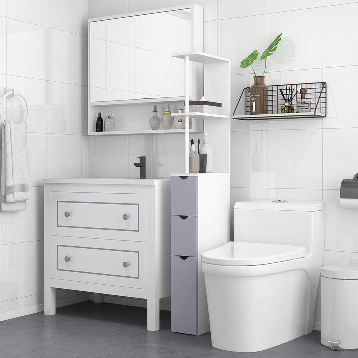 Slimline Bathroom Storage Free-Standing Bathroom Cabinet Unit Tall Shelf Toilet Tissue Cupboard w/Drawers - Grey and White