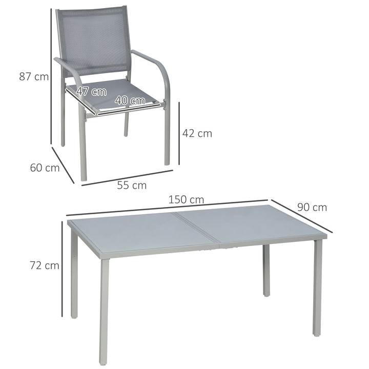 7 Piece Garden Dining Set, Outdoor Table and 6 Stackable Chairs, Steel Frame, Tempered Glass Top Table, Mesh Seats, Grey