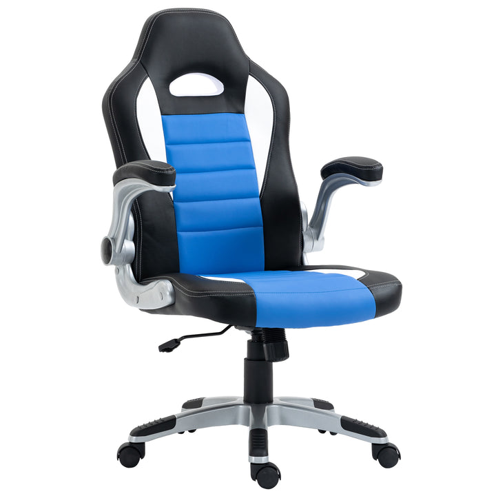 HOMCOM Racing Gaming Chair, PU Leather Computer Desk Chair, Height Adjustable Swivel Chair With Tilt Function and Flip Up Armrests, Blue