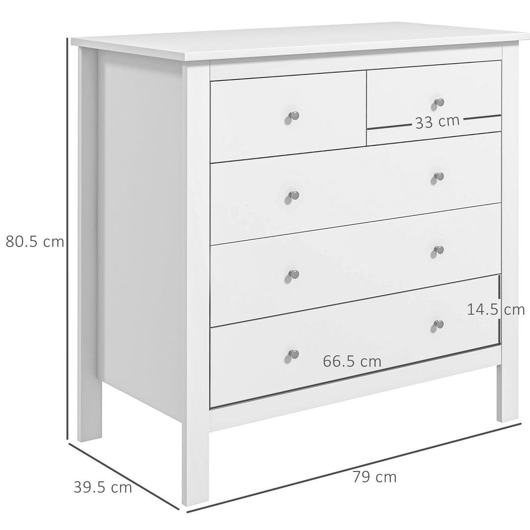 Modern Chest of Drawers, 5 Drawer Storage Cabinet with Metal Handles and Runners for Bedroom, White