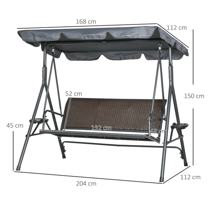 3 Seater Swing Chair, Garden Swing Seat Bench with Adjustable Canopy, Rattan Seat, and Steel Frame for Patio, Yard