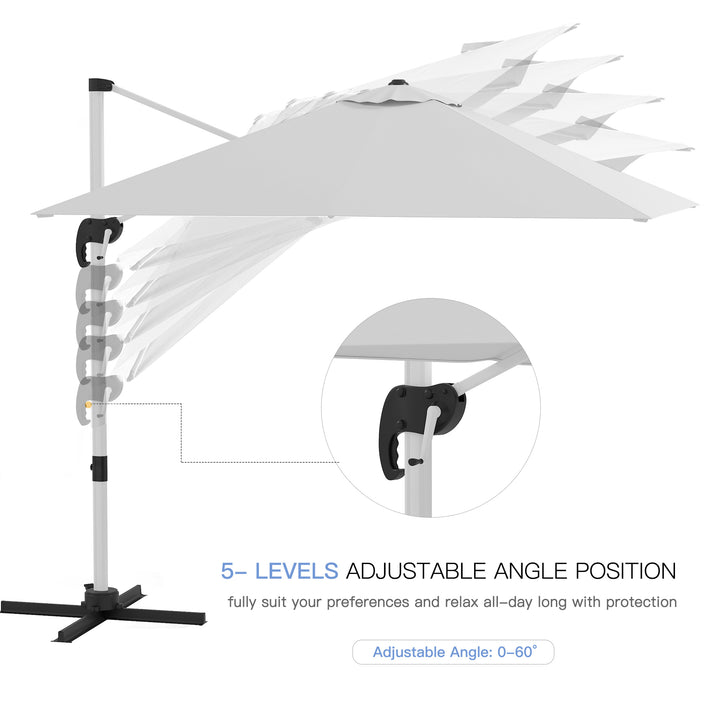 3m Cantilever Roma Parasol Aluminium Frame 360 Rotation Hanging Parasol with/ Cross Base White