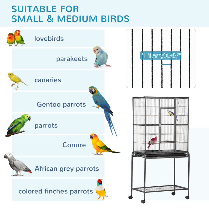 PawHut Bird Cage Metal Canary Cages for Parakeet with Detachable Rolling Stand, Storage Shelf, Wood Perch, Food Container