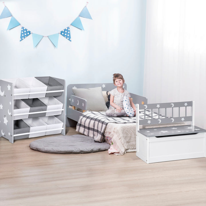 3PCs Kids Furniture Bedroom Set with Bed, Toy Box Bench, Storage Unit with Baskets, Star and Moon Patterns, for 3-6 Years Old Boys Girls, Grey