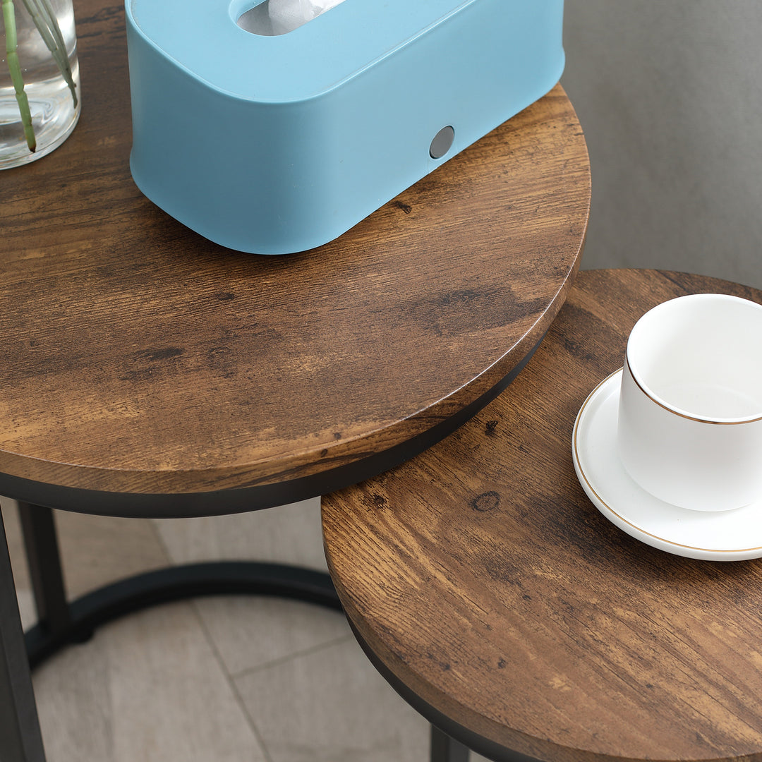 Round Nesting Tables Set of 2 Industrial Stackable Side Tables with Rustic Wood Grain Metal Frame for Living Room Brown