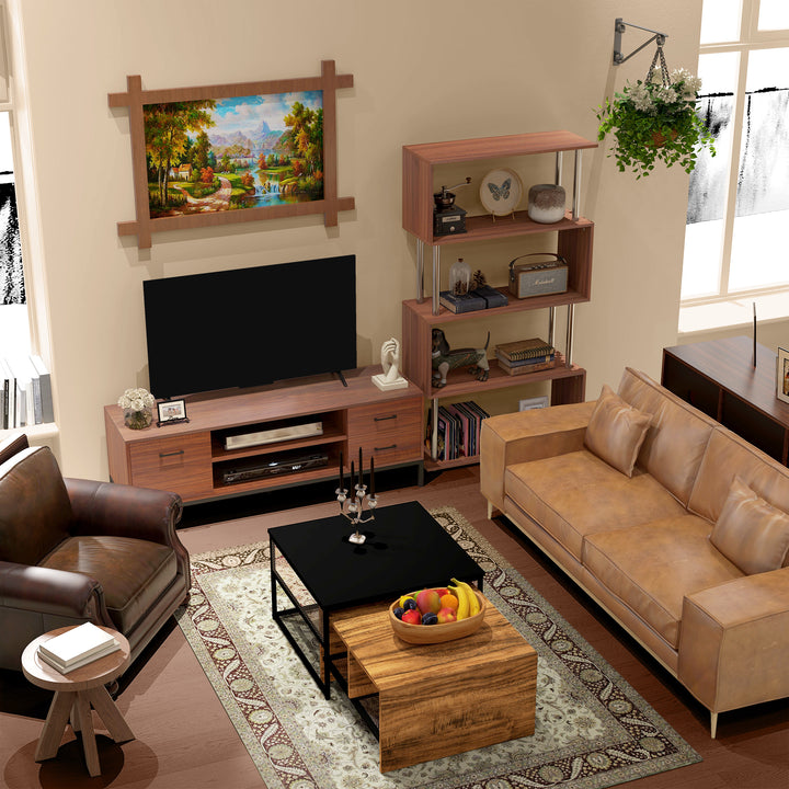 4-Tires Wooden Bookcase S Shape Storage Bookshelf Display for Living Room, Bedroom, Office with Steel Frame, Walnut