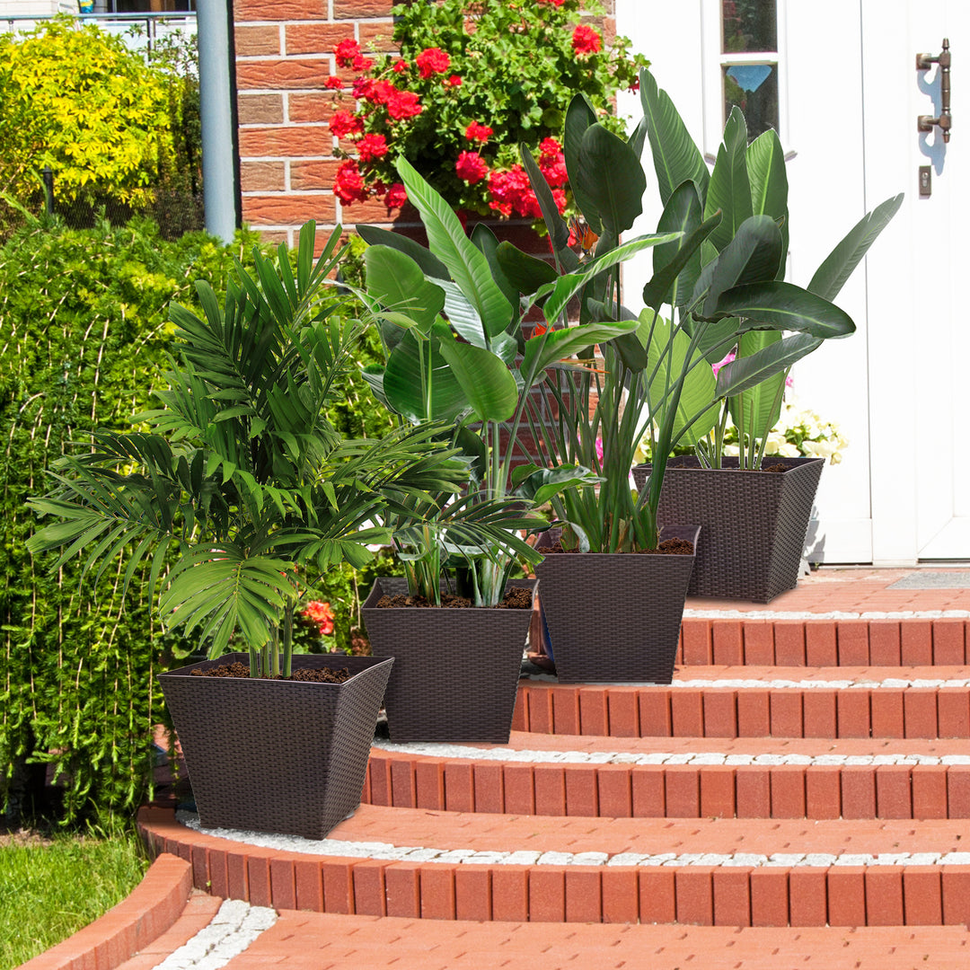 Outdoor Planter Pack of 4, Rattan Effect Plant Pots Indoor Stackable Design, for Garden Patio Porch Deck, Brown