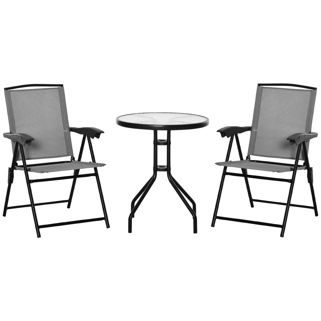 3 Piece Patio Furniture Bistro Set 2 Folding Chairs 1 Tempered Glass Table  Adjustable Backrest - Grey