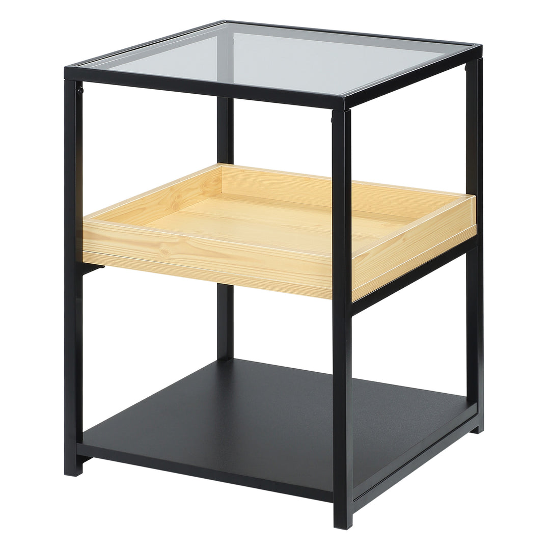 Glass Top Side Table, 3-Tier End Table with Storage Shelves, Nightstand with Steel Frame for Bedroom