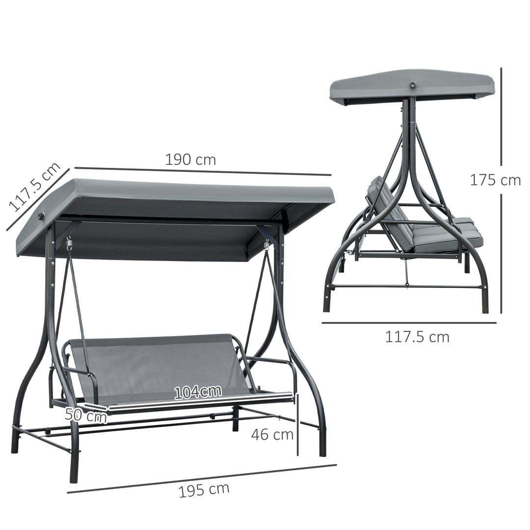 3 Seater Canopy Swing Chair, 2 in 1 Garden Swing Seat Bed, with Adjustable Canopy and Metal Frame, Dark Grey