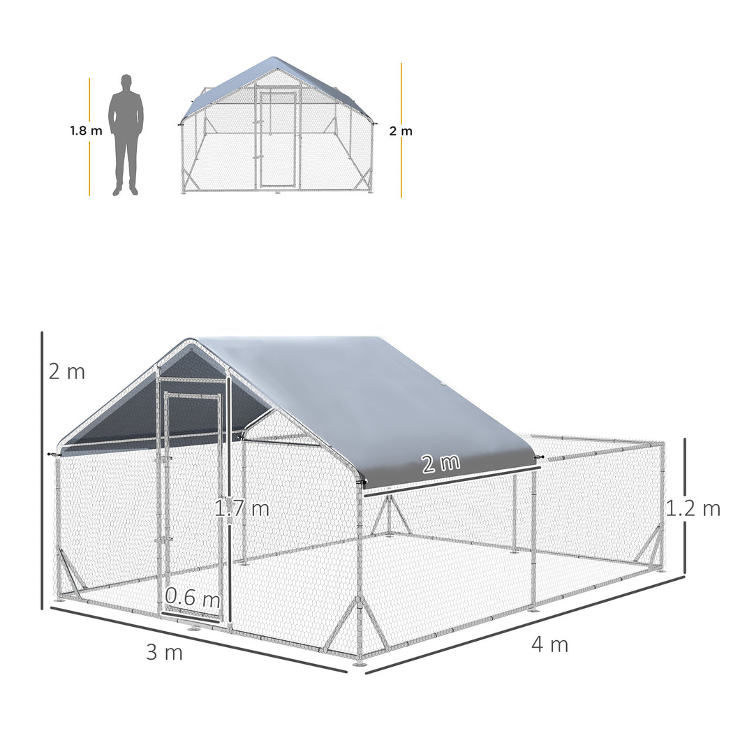 PawHut Walk In Chicken Run, Galvanized Chicken Coop Outdoor Hen House Poultry, Duck Rabbit Hutch for Backyard with Water, UV-Resist Cover, 4 x 3 x 2 m