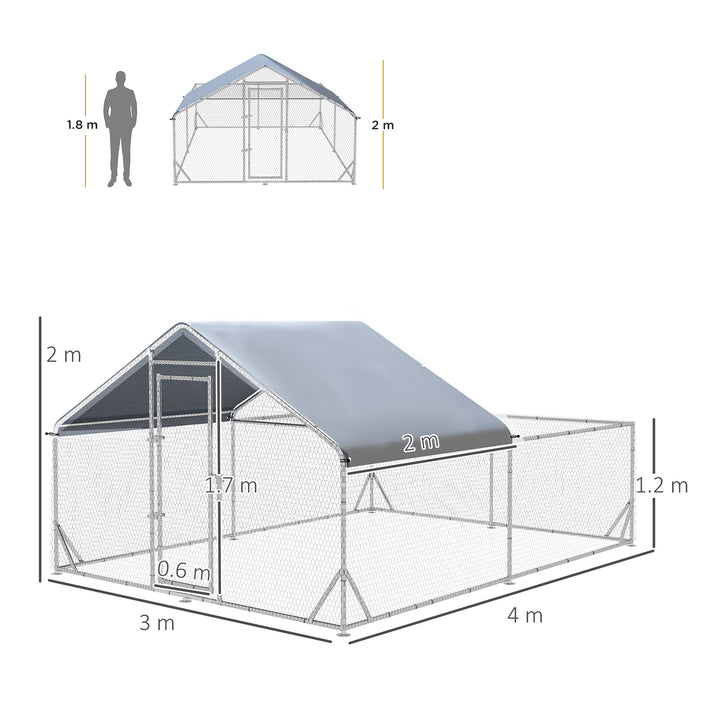 PawHut Walk In Chicken Run, Galvanized Chicken Coop Outdoor Hen House Poultry, Duck Rabbit Hutch for Backyard with Water, UV-Resist Cover, 4 x 3 x 2 m