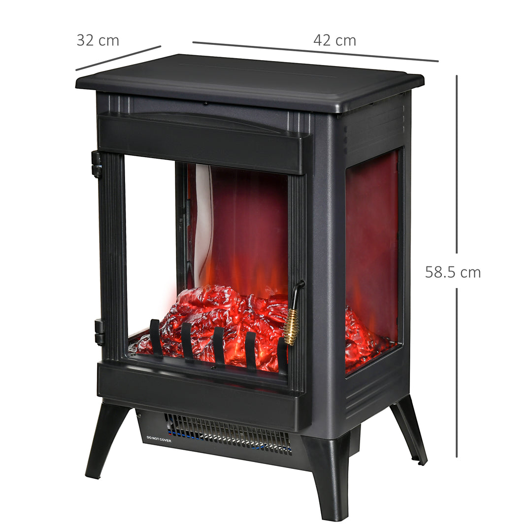 Free standing Electric Fireplace Stove, Fireplace Heater with LED Flame Effect, 3-sided Tempered Glass, Overheat Protection, 1000W/2000W, Black