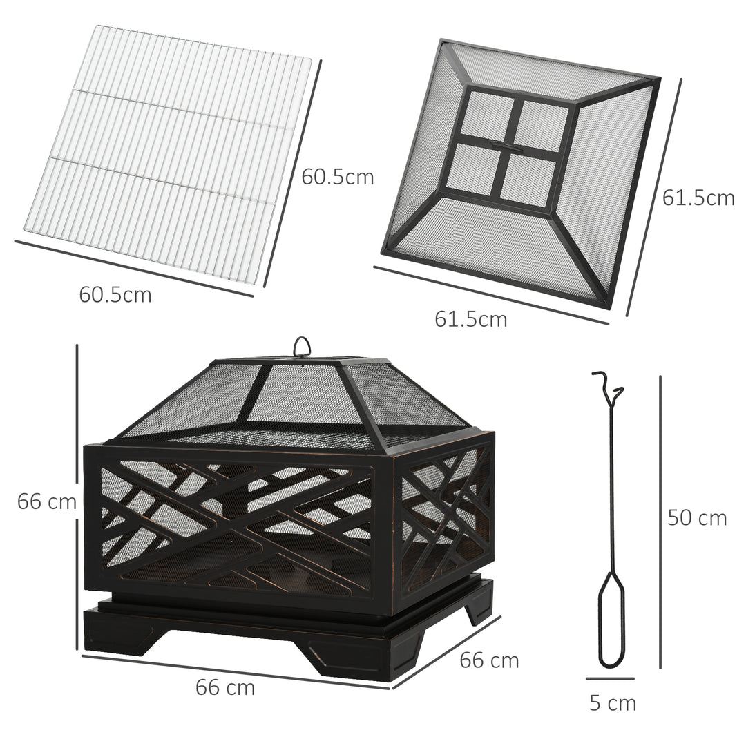Outsunny 66cm 2 in 1 Square Fire Pit Metal Brazier for Garden, Patio with BBQ Grill Shelf &amp; Spark Screen Cover &amp; Poker, Black