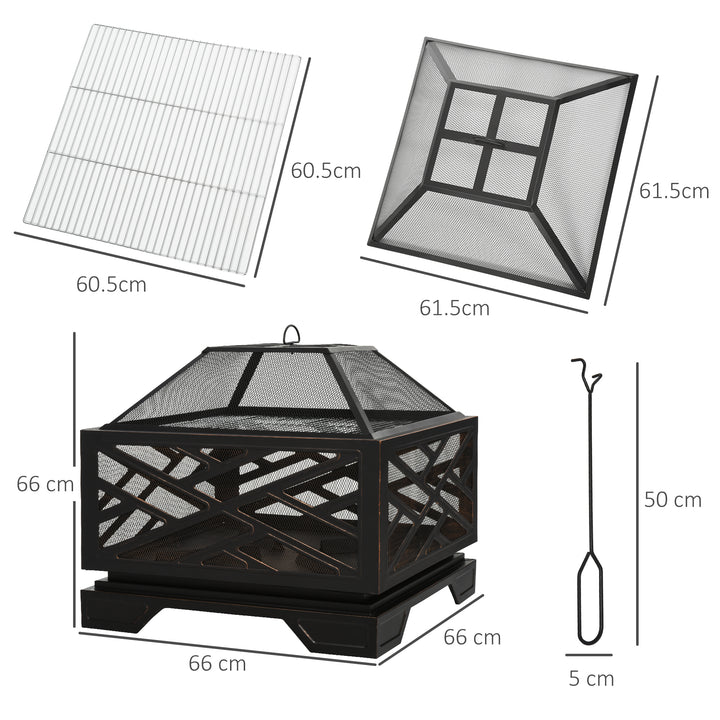 Outsunny 66cm 2 in 1 Square Fire Pit Metal Brazier for Garden, Patio with BBQ Grill Shelf &amp; Spark Screen Cover &amp; Poker, Black
