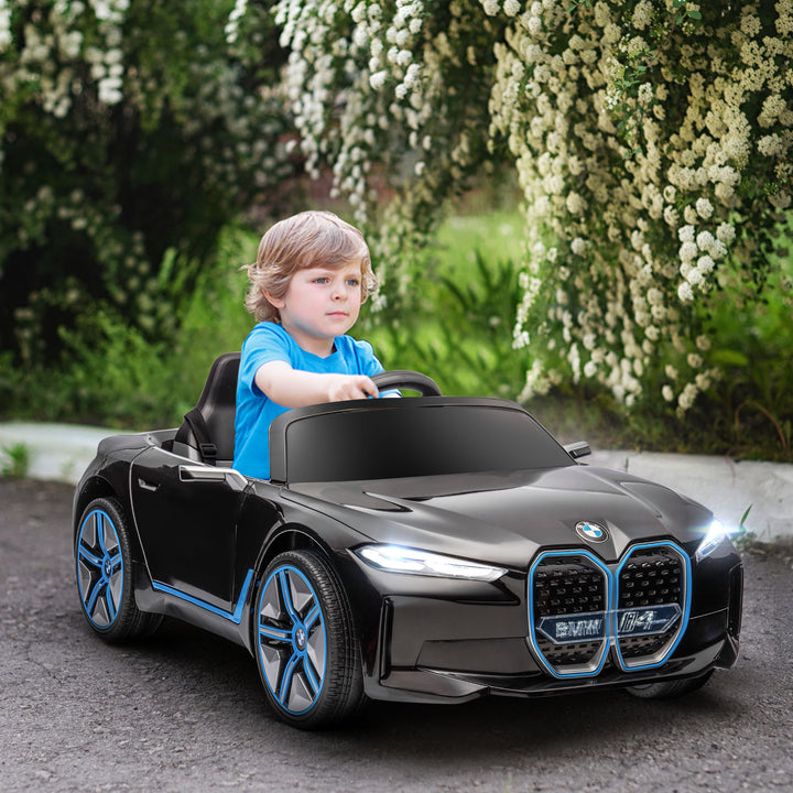 BMW i4 Licensed 12V Kids Electric Ride on Car with Remote Control, Powered Electric Car with Portable Battery, Music, Horn, Headlights, MP3 Slot, Suspension Wheels, for Ages 3-6 Years - Black