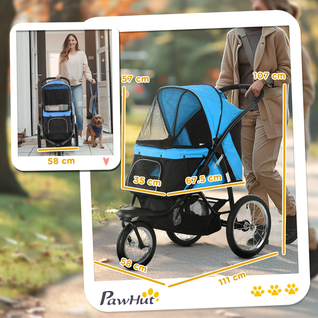 Pet Stroller Dog Pram Foldable Dog Pushchair Cat Travel Carriage w/ Adjustable Canopy, Wheels, for Medium Small Pets, Blue