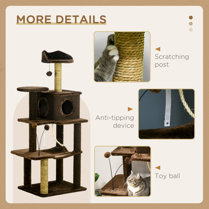 136cm Cat Tree for Indoor Cats, Modern Cat Tower with Scratching Posts, house, Platforms, Toy Ball - Brown