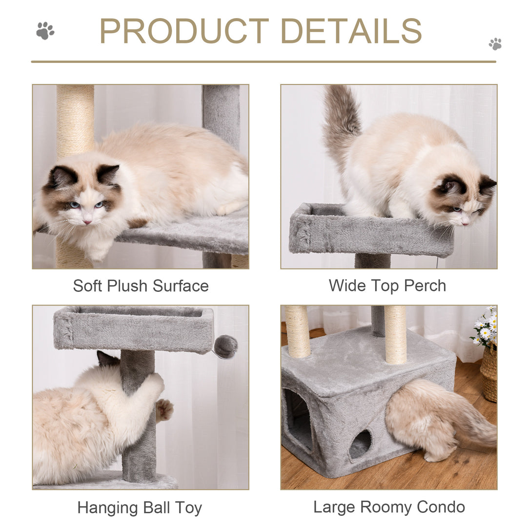 PawHut Cat Tree Kitten Tower 4-level Activity Centre Pet Furniture with Sisal Scratching Post Condo Plush Perches Hanging Ball Toys Grey