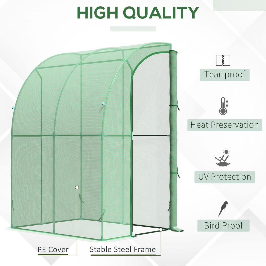 Outsunny Walk-In Greenhouse Lean to Wall Tunnel Greenhouse with Zippered Roll Up Door PE Cover and Steel Frame for Garden, 143 x 118 x 212 cm