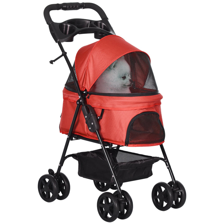 PawHut Pet Stroller No-Zip Dog Cat Travel Pushchair Fold Trolley Jogger with EVA Wheels Brake Basket Adjustable Canopy Safety Leash Red