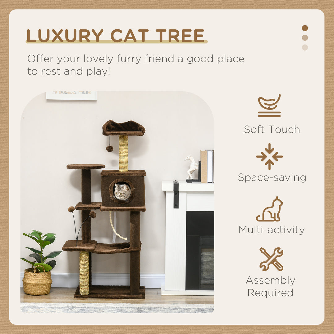 136cm Cat Tree for Indoor Cats, Modern Cat Tower with Scratching Posts, house, Platforms, Toy Ball - Brown