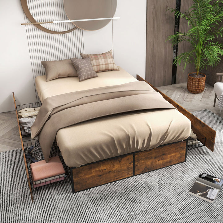 Double Metal Bed Frame with 4 Rolling Underbed Storage Drawers