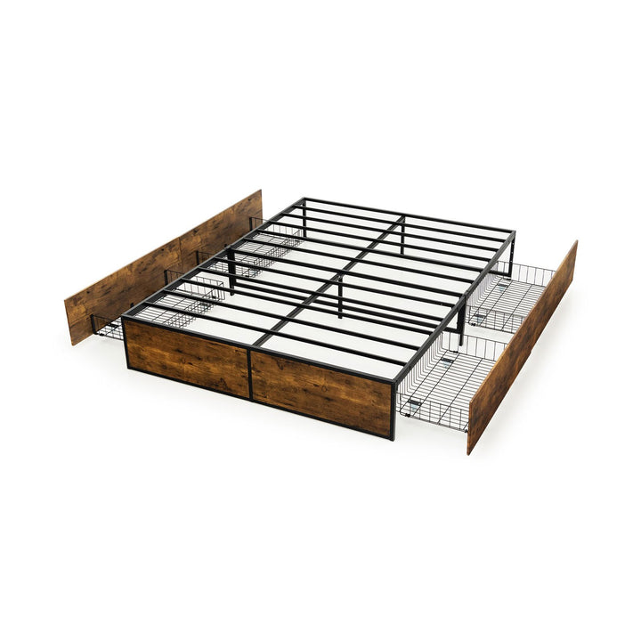 Double Metal Bed Frame with 4 Rolling Underbed Storage Drawers