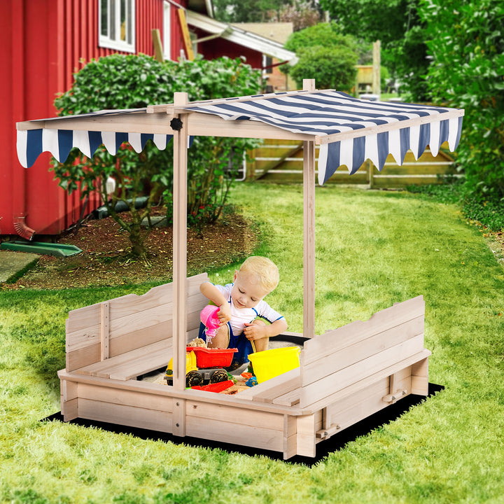 Children Cabana Sandbox Kids Square Wooden Sandpit Outdoor Backyard Playset Play Station Adjustable Canopy, 106x106x121cm