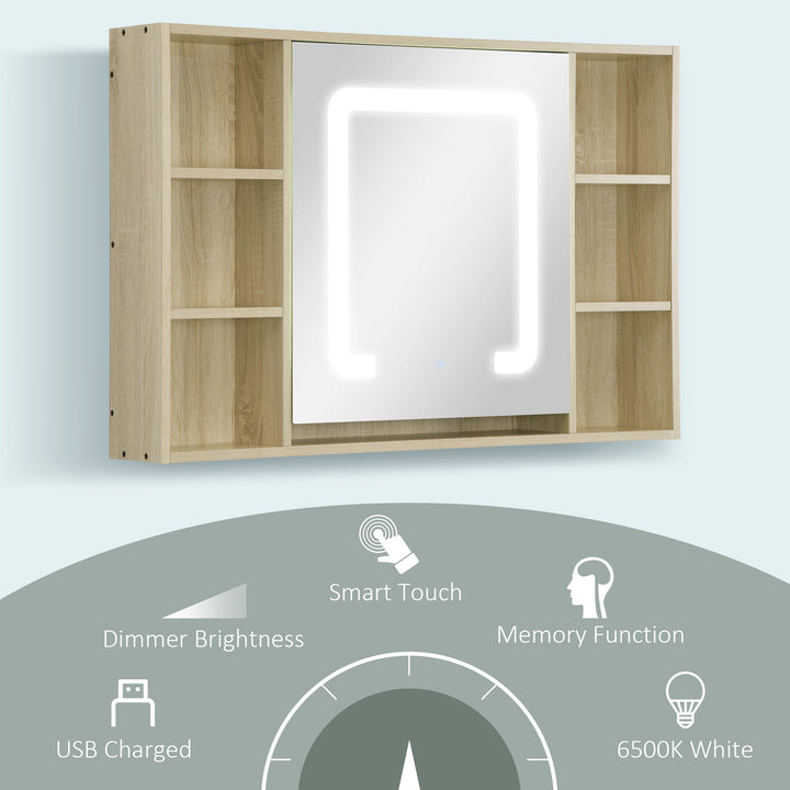 kleankin LED Bathroom Mirror Cabinet, Wall Mounted Dimmable Medicine Cabinet with Adjustable Shelf and Mirrored Door, Natural