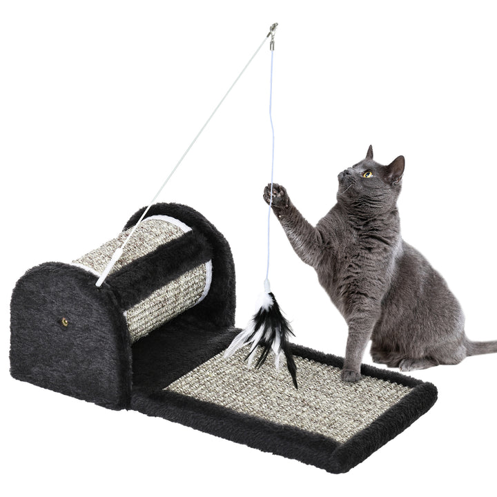 PawHut Cat Scratcher Sisal Scratching Pad Mat Board Kitten Toy with Roller Feather Teaser, 44 x 24 x 16 cm, Grey