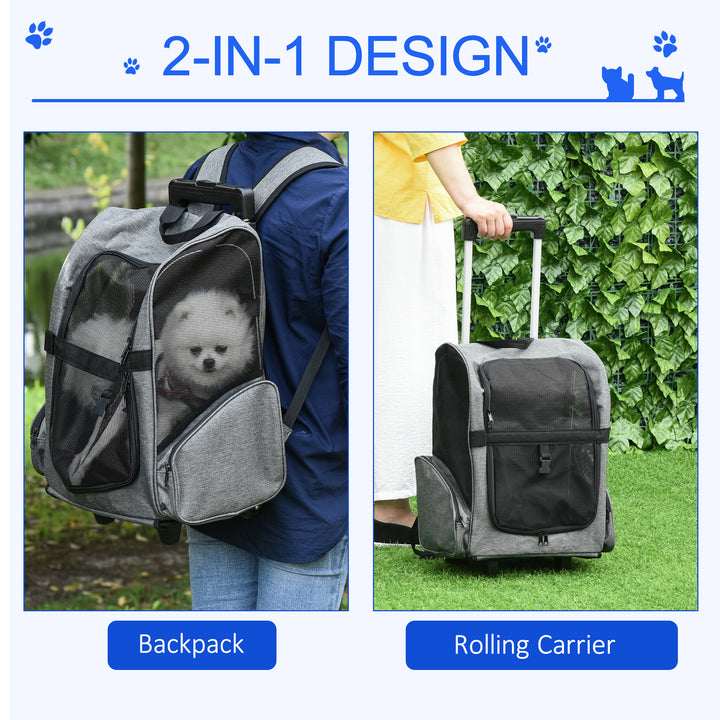 PawHut Pet Travel Backpack Bag Cat Puppy Dog Carrier w/ Trolley and Telescopic Handle Portable Stroller Wheel Luggage Bag, Grey