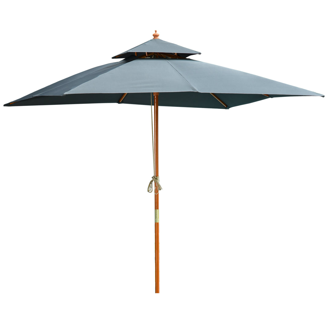 Outsunny 3x3(m) Wood Square Patio Umbrella Garden Market Parasol Sunshade Canopy with 2 Pulley Pagoda Style Dark Grey