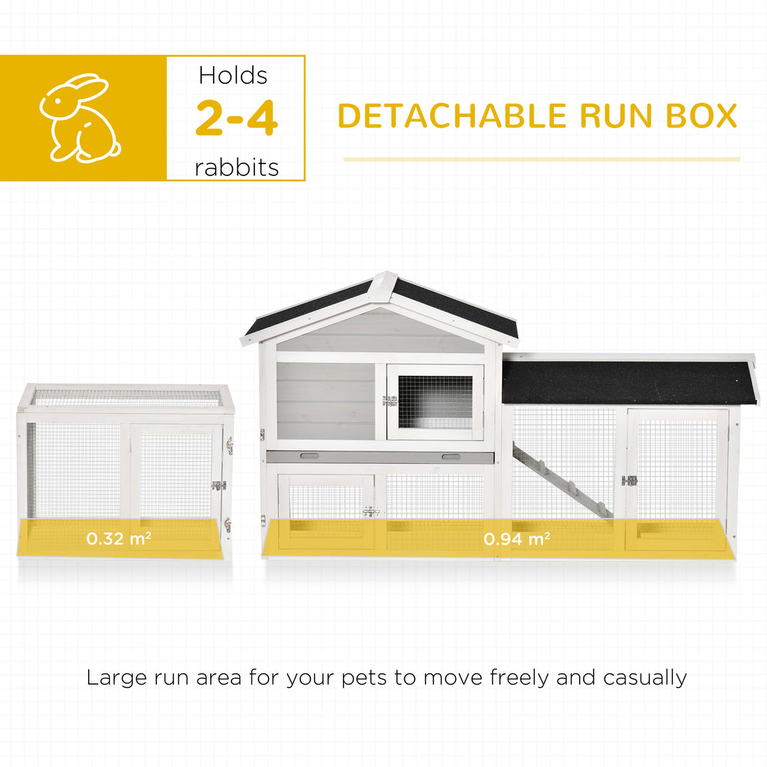 PawHut 2 Tier Wooden Rabbit Hutch Small Pet House Bunny Run Cage with Pull Out Tray Ramps Lockable Doors Large Run Area Asphalt Roof for Outdoor Grey