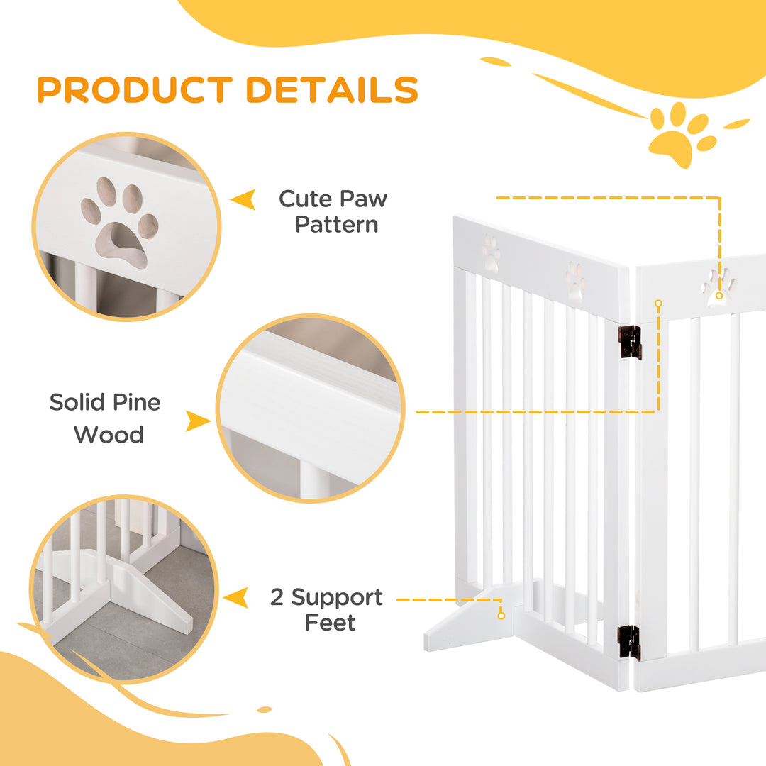 PawHut Pet Gate 4 Panel Folding Wooden Dog Barrier Freestanding Dog Gate For Stairs w/ Support Feet