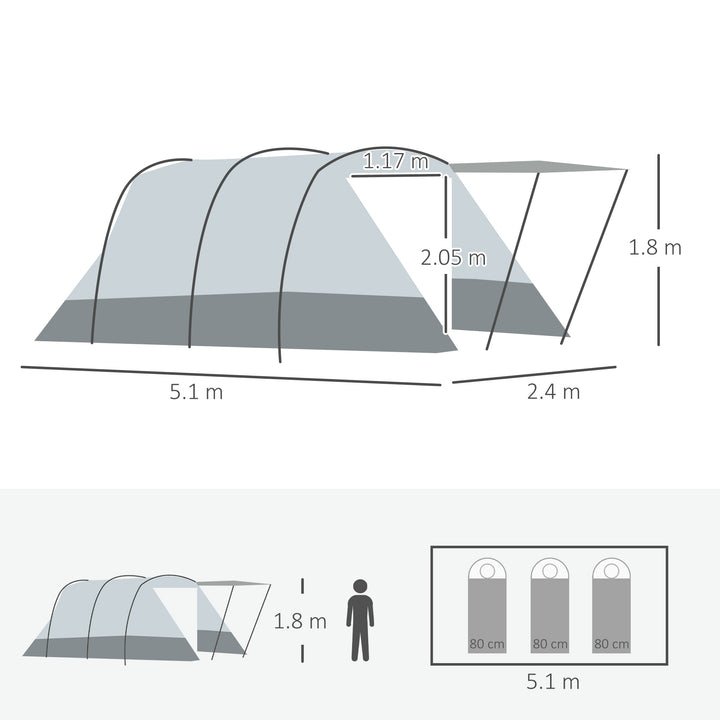 6-8 Person Tunnel Tent, Camping Tent with Bedroom, Living Room, Sewn-in Floor, 3 Doors and Carry Bag, 2000mm Water Column for Fishing, Grey