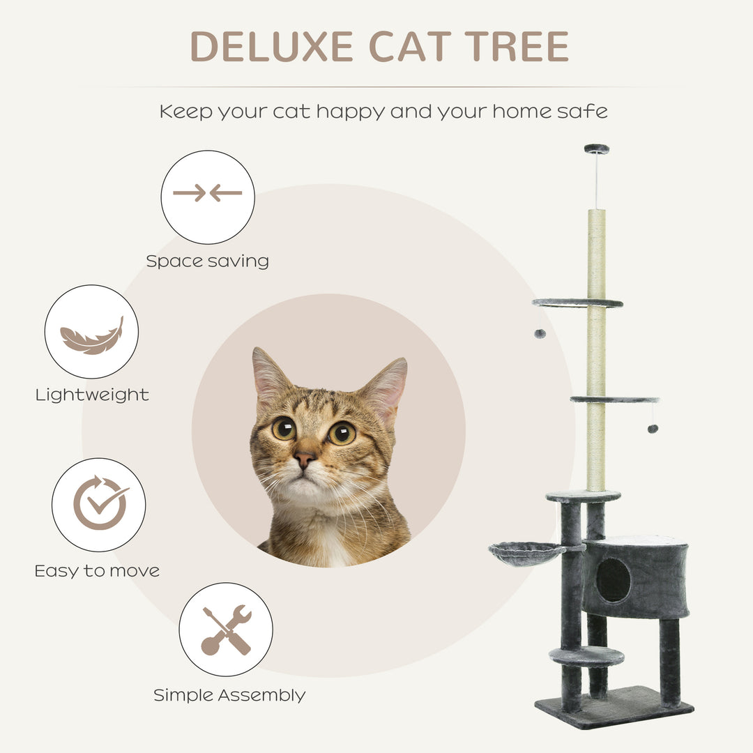 Adjustable Height Floor-To-Ceiling Vertical Cat Tree with Carpeted Platforms, Condo, Sisal Rope Scratching Areas