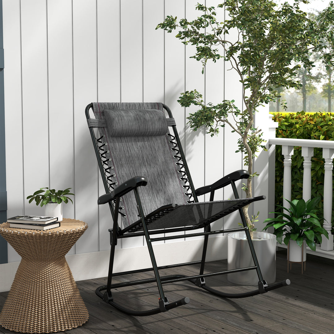 Garden Rocking Chair Folding Outdoor Adjustable Rocker Zero-Gravity Seat with Headrest Camping Fishing Patio Deck - Grey