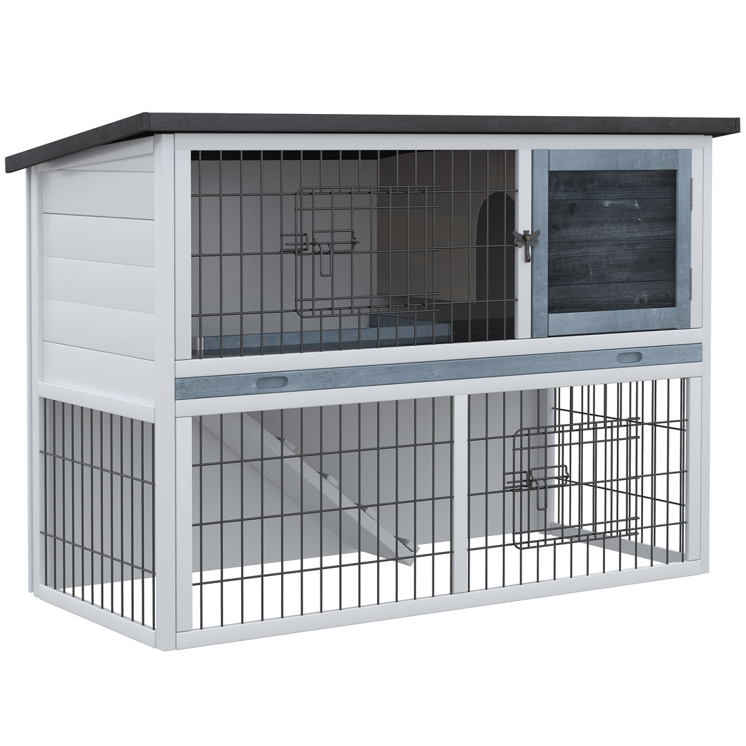 PawHut Small Animal Two-Level Fir Wood Hutch w/ Slide Out Tray Grey