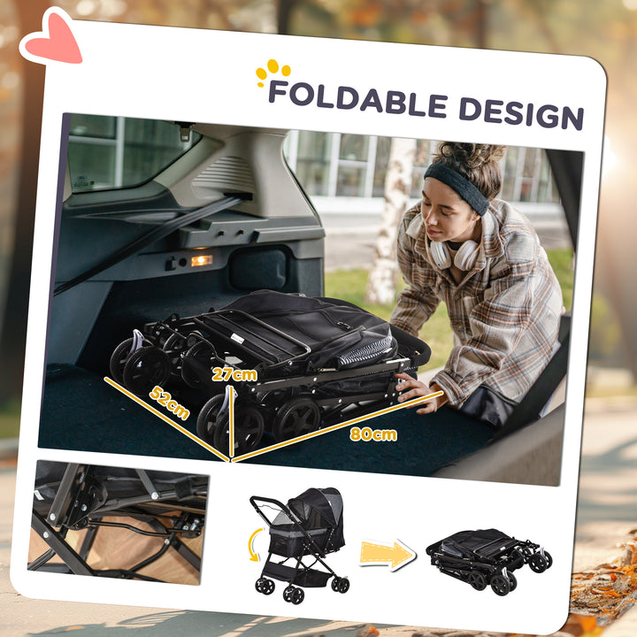 Pet Stroller Pushchair Foldable Travel Dog Cat Carriage w/ Reversible Handle Brake Basket