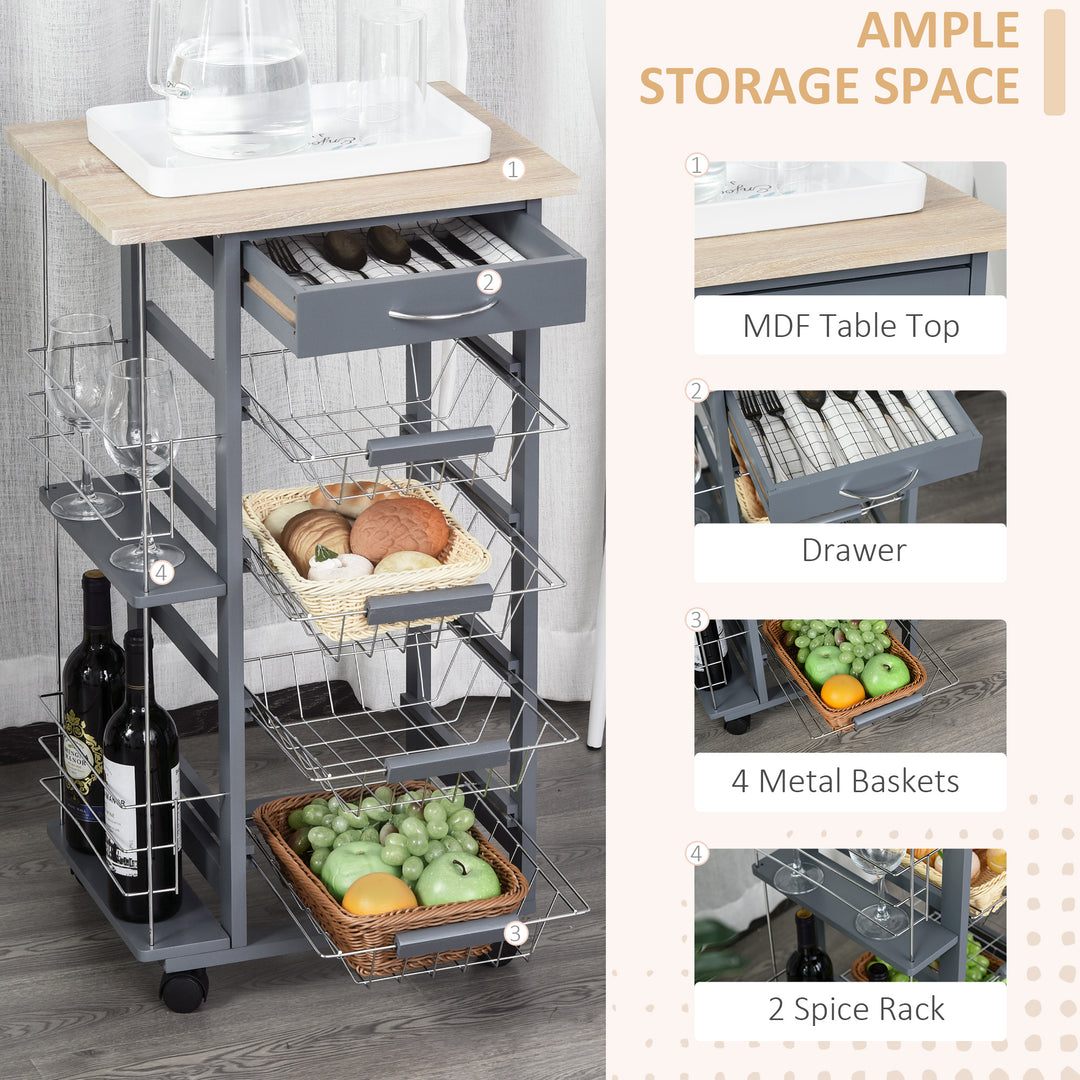 Kitchen Trolley, Multi-Use Kitchen Island w/ 4 Baskets 2 Side Racks 4 Wheels Food Storage Smooth Rolling Compact Furniture Dark Grey