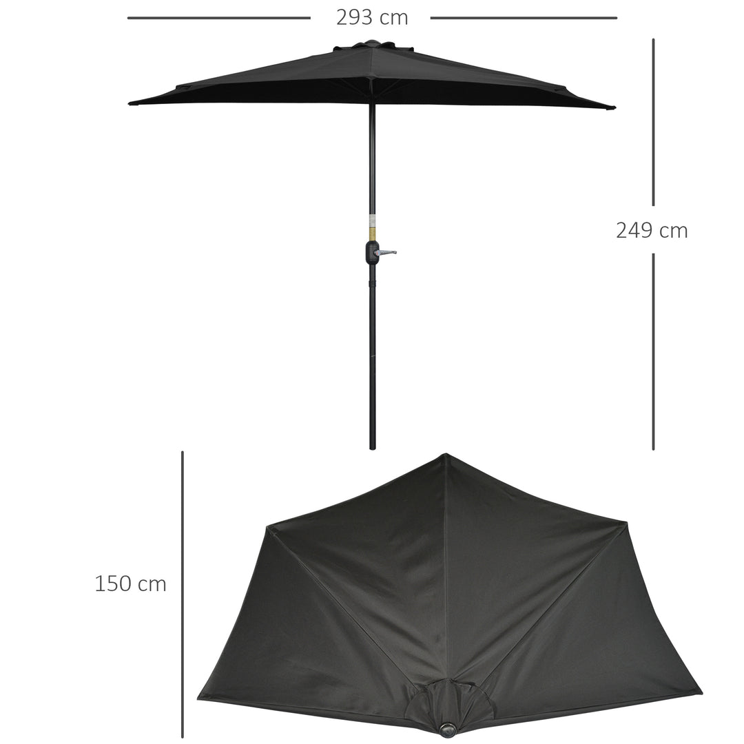 3(m) Half Parasol Semi Round Umbrella Patio Metal Frame Crank Handle for Balcony-- NO BASE INCLUDED, Black