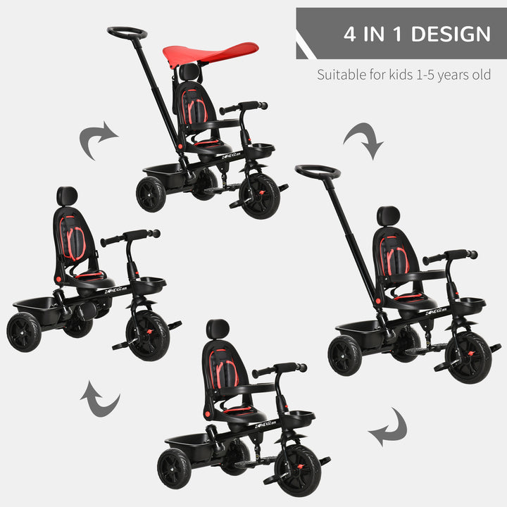 4 in 1 Baby Tricycle Toddler Stroller Foldable Pedal Tricycle w/ Reversible Angle Adjustable Seat Removable Handle Canopy Handrail Belt-Red