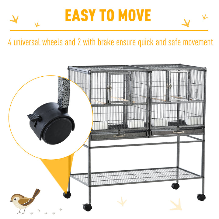 Double Rolling Metal Bird Cage Parrot Cage with Removable Metal Tray, Storage Shelf with Food Container