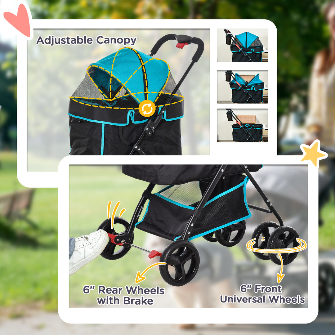 PawHut Pet Stroller Pushchair Travel One-Click Fold Trolley with EVA Wheels Brake Removable Cloth Basket Bottle Holder Adjustable Canopy Safety Leash