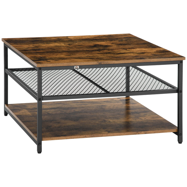 HOMCOM Industrial Coffee Table, Square Cocktail Table with 3-Tier Storage Shelves for Living Room, Rustic Brown