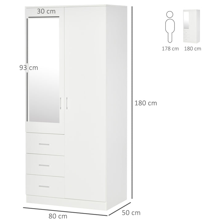 Modern Mirror Wardrobe 2 Door Storage Cupboards Home Storage Organisation Furniture with Adjustable Shelf, 3 Drawers, 80W x 50D x 180Hcm-Whit