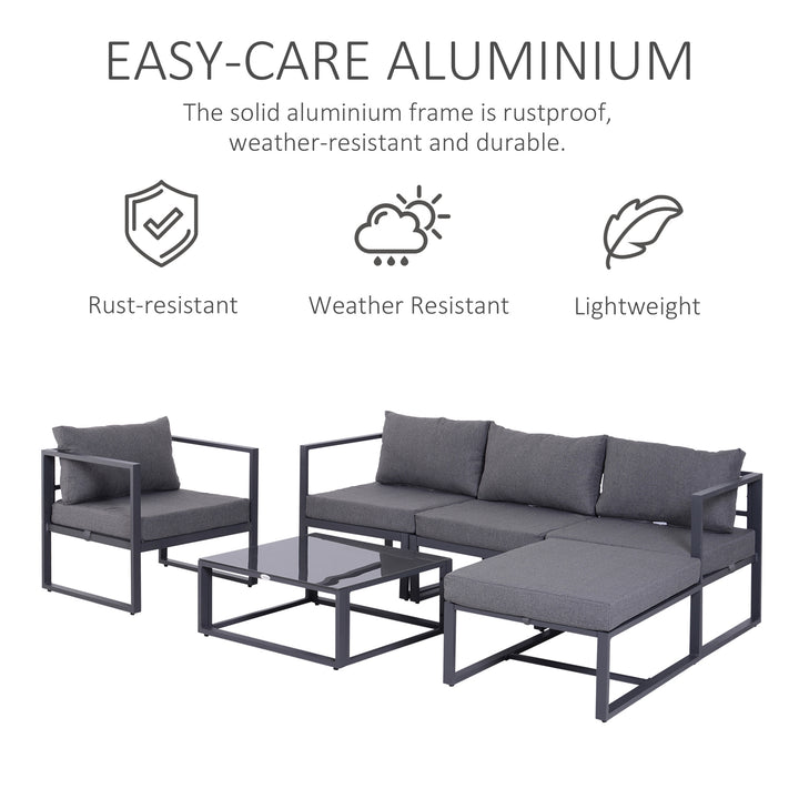 6 PCs Outdoor Indoor Sectional Sofa Set Thick Padded Cushions Aluminium Frame 5 Seaters 1 Coffee Table Footrest Grey