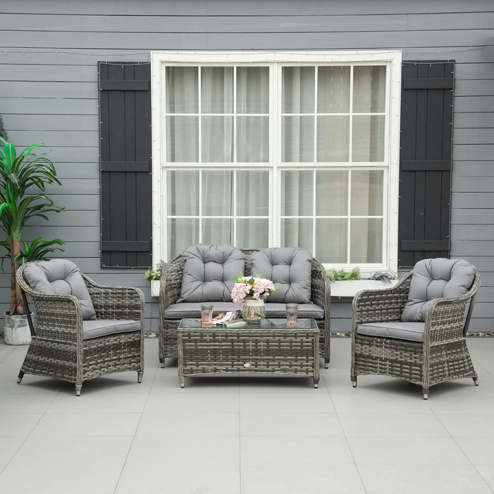 4-Seater PE Rattan Wicker Sofa Set Outdoor Conservatory Furniture Lawn Patio Coffee Table w/ Cushion - Grey
