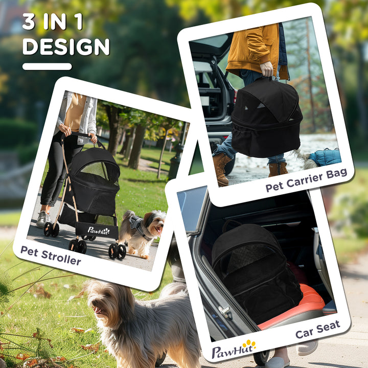 PawHut Detachable Pet Stroller, 3-In-1 Dog Cat Travel Carriage, Foldable Carrying Bag with Universal Wheel Brake Canopy Basket Storage Bag, Black